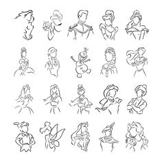 some disney characters are drawn in black and white