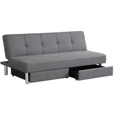 a gray couch with two drawers underneath it