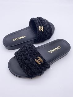 Chanel Pearl & Lambskin Woven Mule Slides (Black) – Reeby Bags Chanel Slippers, Chanel Slides, Mule Slides, Woven Mules, Chanel Pearl, Chanel Pearls, Girly Shoes, Timeless Handbag, Leather Mules