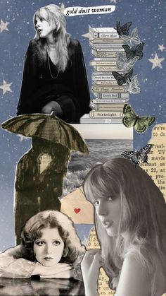 the collage shows two women with books on their heads and butterflies flying above them