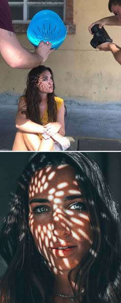 two different pictures with the same person holding a frisbee in front of their face