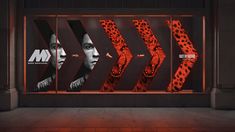 a store front with neon lights and an image of a woman's face in the window