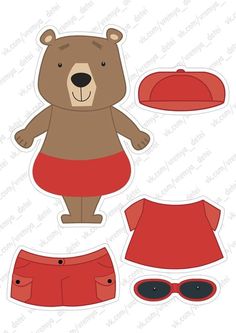 paper cut out of a teddy bear in red shorts and hat with sunglasses on the side