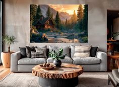 a living room with a couch, coffee table and painting on the wall above it