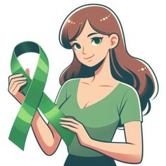 a woman holding a green ribbon in one hand and wearing a green shirt on the other