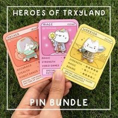 three card game cards in the grass with text overlay that reads, heros of trixland pin bundle