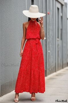 Olivia Mark - Colorful Polka Dot Printed Neck Strap Maxi Dress Tied Maxi Dress, Red Boho Dress, Strap Maxi Dress, Glamorous Party, Sleeveless Bodycon Dress, Solid Color Dress, Polka Dot Design, Halter Maxi Dresses, Polka Dot Print