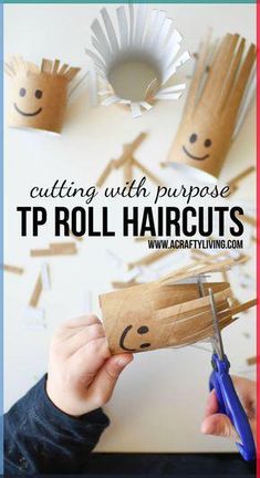 a person cutting paper with scissors and some crafting supplies in front of them that says cutting with purpose tp roll haircuts