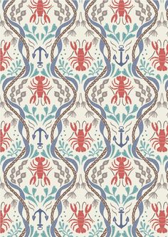 a pattern with lobsters and anchors on it