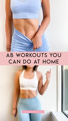 a woman standing next to a window with the words ab workouts you can do at home