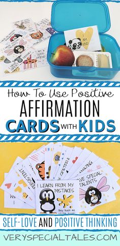 a blue box filled with cards and an apple on top of it next to the words, how to use positive affirmation cards with kids