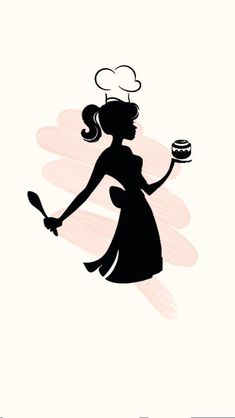 the silhouette of a woman in a dress holding a cake on top of a plate