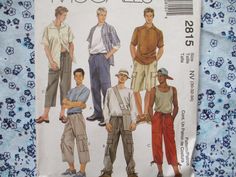 an image of men's pants and shirts sewing pattern on a blue floral background