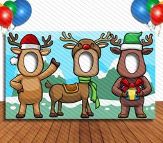 three reindeers with gifts in their hands on a wooden floor next to some balloons