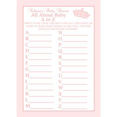 a pink baby shower game with princess crowns on the top and letters that say it's all about baby