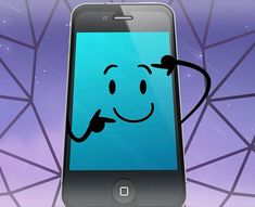 a cell phone with a smiley face drawn on it's screen and an abstract background