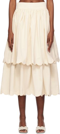 Cotton poplin skirt. Scalloped edges throughout. · Tiered construction · Gathering at waistband · Zip closure at back waistband Supplier color: Cream Poplin Skirt, Scalloped Skirt, Random Fashion, White Midi Skirt, Latest Skirts, Long Skirts For Women, White Midi, Scalloped Edges, Clothes Horse