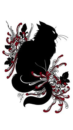 a black cat with red and white flowers on it's tail, sitting in front of a white background