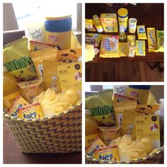 a basket filled with lots of different types of food and condiments on top of it