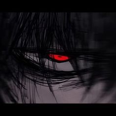 an eye with red light shining in it's irises and long black hair