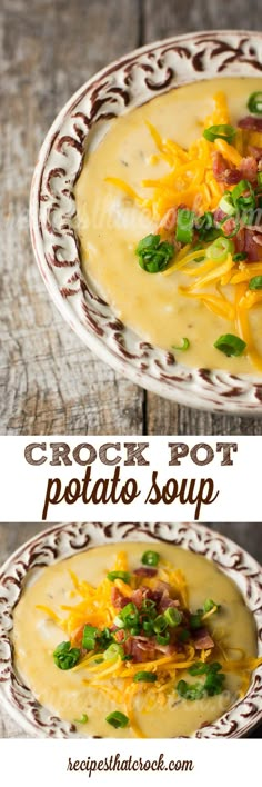 two pictures of potato soup with bacon and cheese in a white bowl on a wooden table