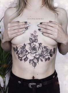 Demon Tattoos, Rose Chest Tattoo, Underboob Tattoos, Black Flowers Tattoo, Underboob Tattoo Designs, Tattoo Artist Tattoo, Stomach Tattoos Women, See Tattoo, Tattoos To Cover Scars