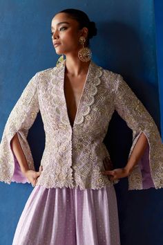 Buy Mrunalini Rao Purple Chaya Raw Silk Embroidered Jacket With Palazzo Online | Aza Fashions Mrunalini Rao, Indian Closet, Haldi Outfits, Fusion Wear, Zardozi Embroidery, Blouse Embroidery, Simple Kurti Designs, Fashion Top Outfits, Coord Set