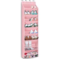 a pink shoe rack with several pairs of shoes