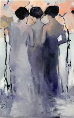 three women are standing in front of an abstract painting, one is wearing a white dress