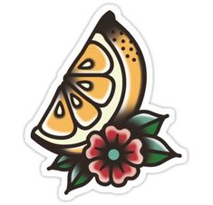 a sticker with an orange slice and flower on the bottom, in front of a white background