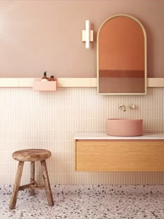 an instagram photo of a bathroom with a stool and mirror on the wall next to it