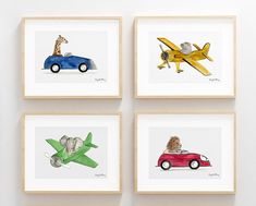 four framed pictures with animals in cars and planes hanging on the wall, each depicting an individual's favorite animal