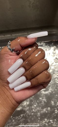 Long Plain Nails Acrylic, Solid Long Nails, Long Nail Colors, All White Acrylics, Long Basic Acrylic Nails, Basic Long Acrylic Nails, Coffin Cute Nails, Simple Long Nail Designs, 16th Birthday Nail Ideas