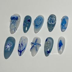 Stingray Nail Designs, Sea Nail Designs, Summer Theme Nails, Ocean Theme Nails, Underwater Nails, Nail Design Blue, Theme Nails, Handmade Nails, Sea Nails