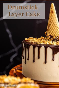 White cake with chocolate drip and waffle cone decoration Drumstick Ice Cream Cake, Drumstick Ice Cream, Whipped Chocolate Ganache, Ice Cream Lover, Ganache Filling, Moist Vanilla Cake, Waffle Cake, Salted Caramel Sauce, Ice Cream Treats