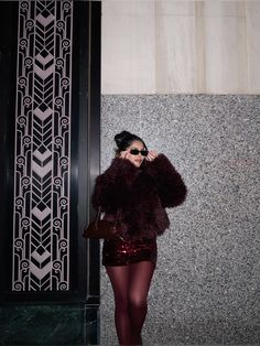 Styling burgundy tights, fur coat, burgundy outfit, winter fashion Maroon Fur Coat Outfit, Outfit With Fur Jacket, Fur Coat Birthday Outfit, Red Fur Outfit, Burgundy Winter Dress, Holiday Tights Outfit, Christmas Holiday Outfits Party, Burgundy Outfits Black Women, Burgundy Accent Outfit