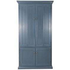 a blue armoire with two doors on the front and one door in the back