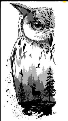 an owl with trees and birds in the background