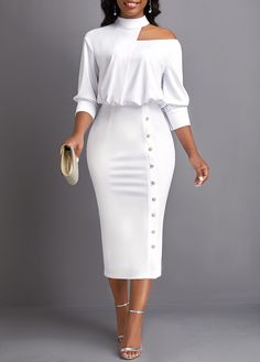 Formal Dressing For Women Office Outfits, Formal Church Dresses, White Dresses For Church, Pencil Dress Outfit Casual, Pencil Dress Outfit Classy, Stylish Church Outfits, Pencil Gown, White Pencil Dress, Office Wears