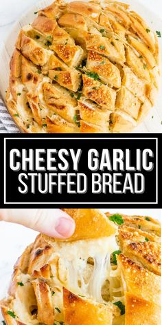 a cheesy garlic stuffed bread on a white plate with the title above it