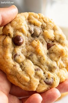 a person holding a chocolate chip cookie in their hand