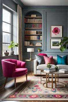 2. What colors go with gray walls? Sitting Area In Room Bedrooms, Traditional Living Room Grey Couch, Bright Blue Living Room Walls, Gray Sofa Blue Pillows, Pink Couch Blue Wall, Blue And Purple Interior Design, Furniture With Gray Walls, Gray And Pink Living Room, Pink And Blue Living Room Ideas