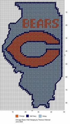 the chicago bears cross stitch pattern is shown in blue, orange and gray colors with an orange football on it