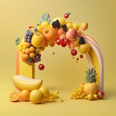 an arch made out of fruits and vegetables is shown in this artistic photo with yellow background