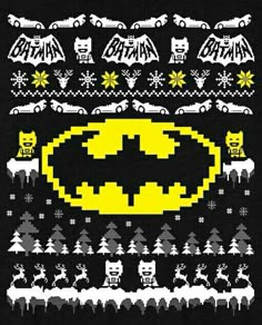 the batman christmas sweater is shown in black and white, with an ugly yellow bat on it