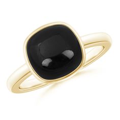 The brilliant cushion black onyx captivates with its bold and dramatic charm. Bezel set on the lustrous shank, the gemstone exudes a mysterious black hue. This simple yet elegant cabochon black onyx solitaire ring in 14k yellow gold is a visual treat. Modern Black Jewelry With Bezel Setting, Classic Black Gemstone Ring, Modern Black Rings For Evening, Timeless Black Ring For Evening, Timeless Black Rings For Evening, Classic Black Onyx Rings, Timeless Black Evening Rings, Timeless Black Jewelry With Bezel Setting, Classic Black Onyx Jewelry