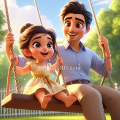 a man and woman are sitting on a swing in the middle of an animated scene