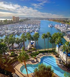 an aerial view of a marina with boats and palm trees in the foreground,