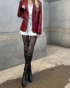 Leather Jacket Outfits, Patterned Tights, Tights Outfit, Look Vintage, Autumn Outfit, Outfit Inspo Fall, All Photos, Red Jacket, Fall Winter Outfits