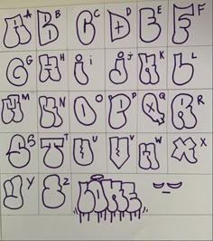 the letters and numbers are written in purple ink on a white sheet of paper with black writing